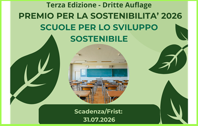Il Gruppo Europeo di Cooperazione Territoriale Euregio Senza Confini ha pubblicato il Bando "Premio per la sostenibilità 2026 - 3° edizione - Scuole per lo sviluppo sostenibile", destinato alle scuole pubbliche secondarie di secondo grado delle Regioni Veneto, Friuli Venezia Giulia e Carinzia.