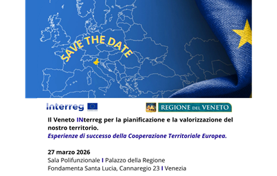 Locandina "Il Veneto INterreg per la pianificazione e la valorizzazione del nostro territorio. Esperienze di successo della Cooperazione Territoriale Europea" - save the date- immagine cartine dell'Europa con lembo della bandiera europea