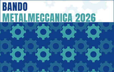 Immagine con scritta "Bando metalmeccanica 2026" con sullo sfondo immagini di ingranaggi metallici di colore azzurro e blu