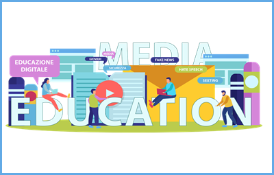 Scritta "media education" con raffigurazione di soggetti che operano con il pc, in piccolo delle label con i temi specifici: "sicurezza", "sexting" etc