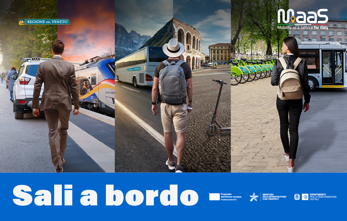 "Sali a bordo": persone che si avvicinano ad un mezzo di trasporto pubblico