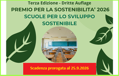 Premio per la sostenibilità del GECT Euregio Senza Confini - 3° edizione - Scuole per lo sviluppo sostenibile. Scadenza prorogata al 25.9.2026